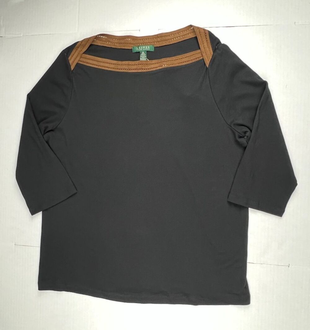 LAUREN RALPH LAUREN Woman Top 2X Black Faux Suede Trim Boat Neck NWT
